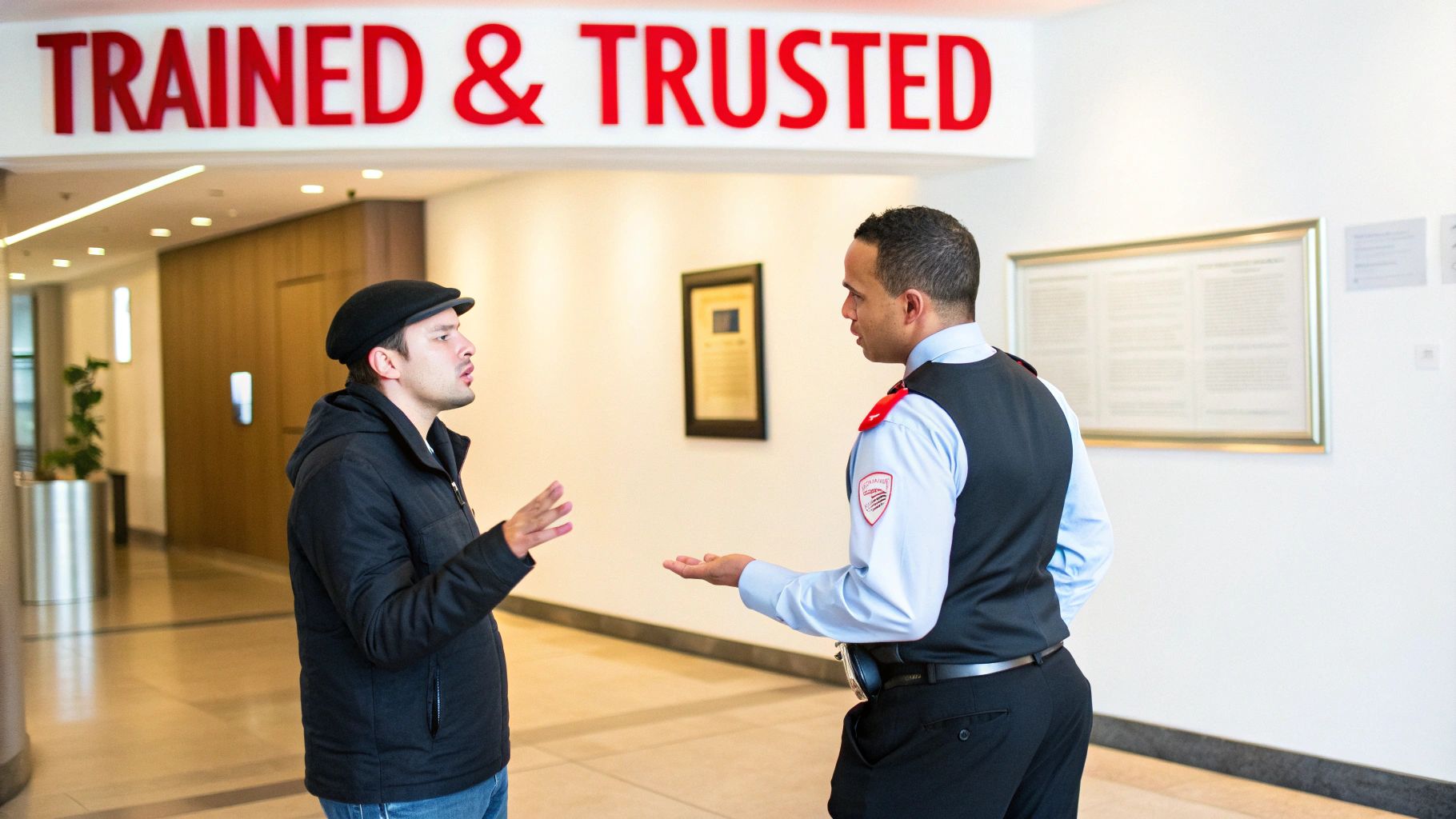 7 Incredible Reasons a Concierge Security Guard Elevates Venue Safety 3 A concierge security guard conversing with a visitor in a modern building lobby under a "TRAINED & TRUSTED" sign.