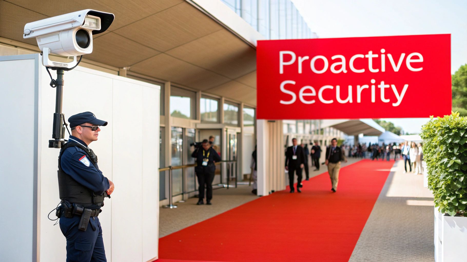 A security guard and a CCTV camera stand guard at an event entrance with a "Proactive Security" sign.