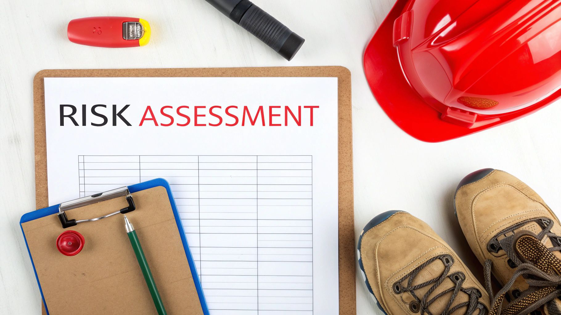 Flat lay of risk assessment document, red hard hat, and work boots on white background.