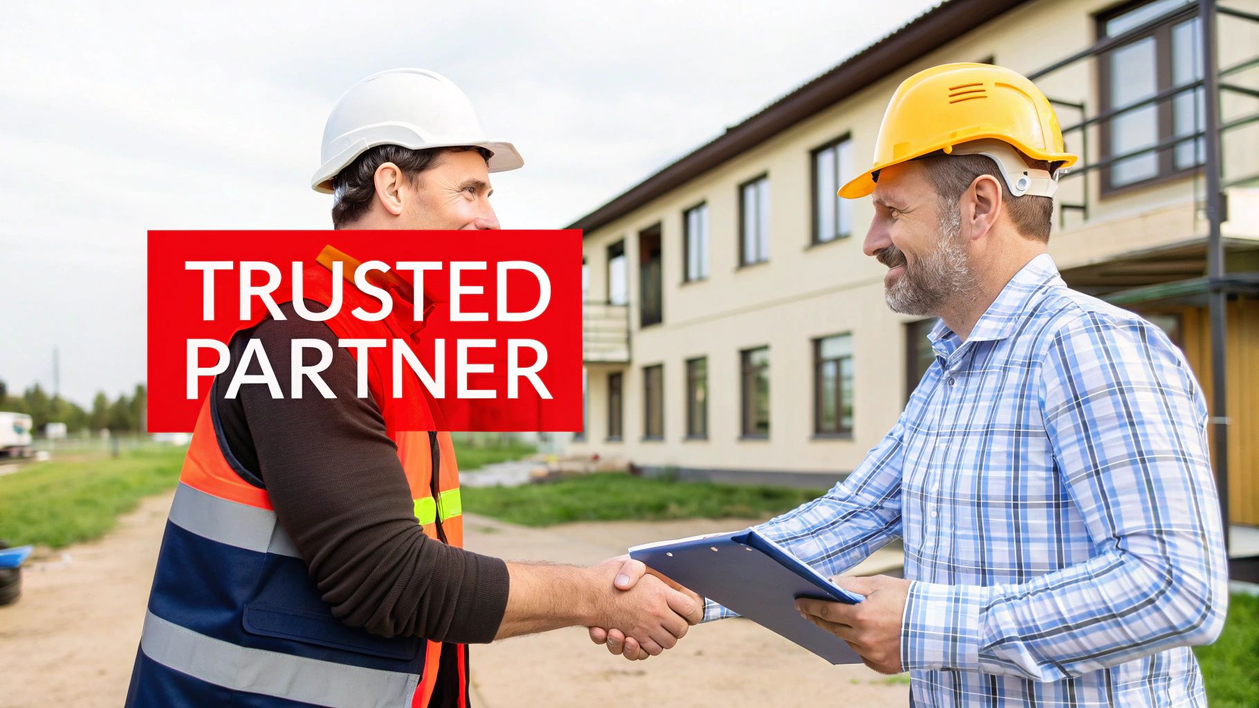 Two construction workers in hard hats shake hands in front of a building, with 'TRUSTED PARTNER' text.