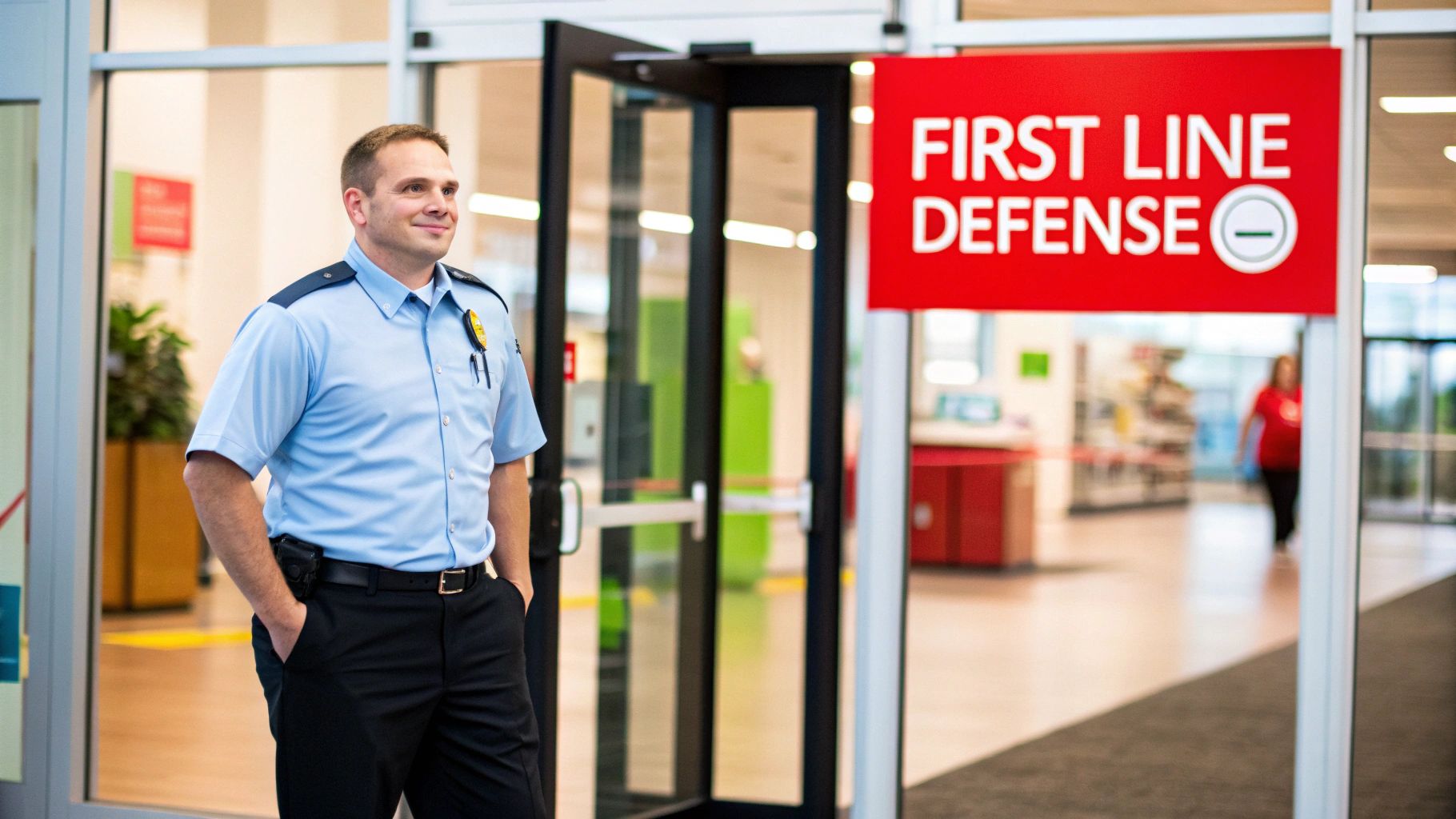 7 Shocking Threats: Why You Desperately Need Retail Security Guards 1 A smiling male security guard in a blue uniform stands confidently at a building entrance.