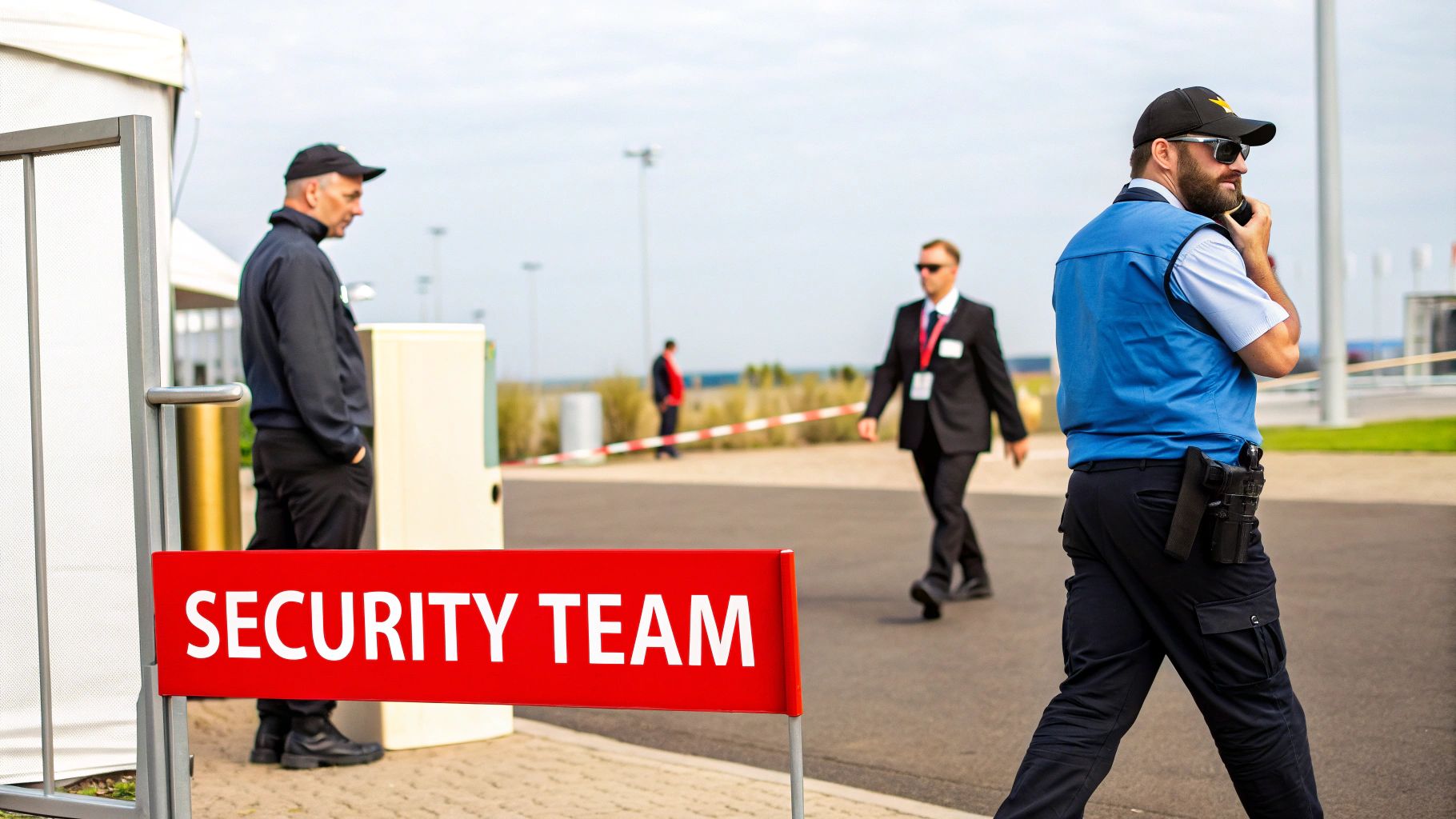 A team of security personnel, including one with a radio and holster, guarding an event entrance.