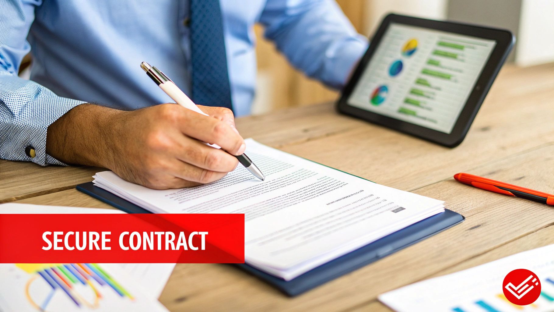 5 Critical Mistakes to Avoid When You Hire a Security Guard 3 A person in a blue shirt and tie signs a secure contract with a pen, while a tablet with charts is visible.