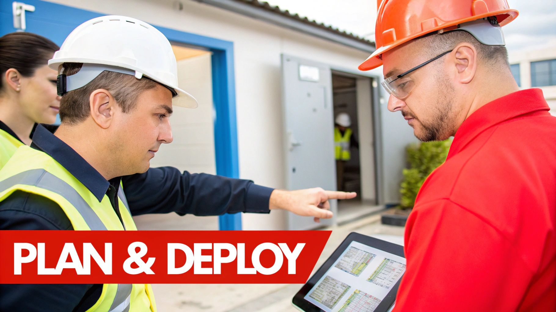7 Shocking Reasons Your Business Needs Professional Security Management Services 3 Construction workers in safety gear and hard hats review plans on a tablet at a worksite.