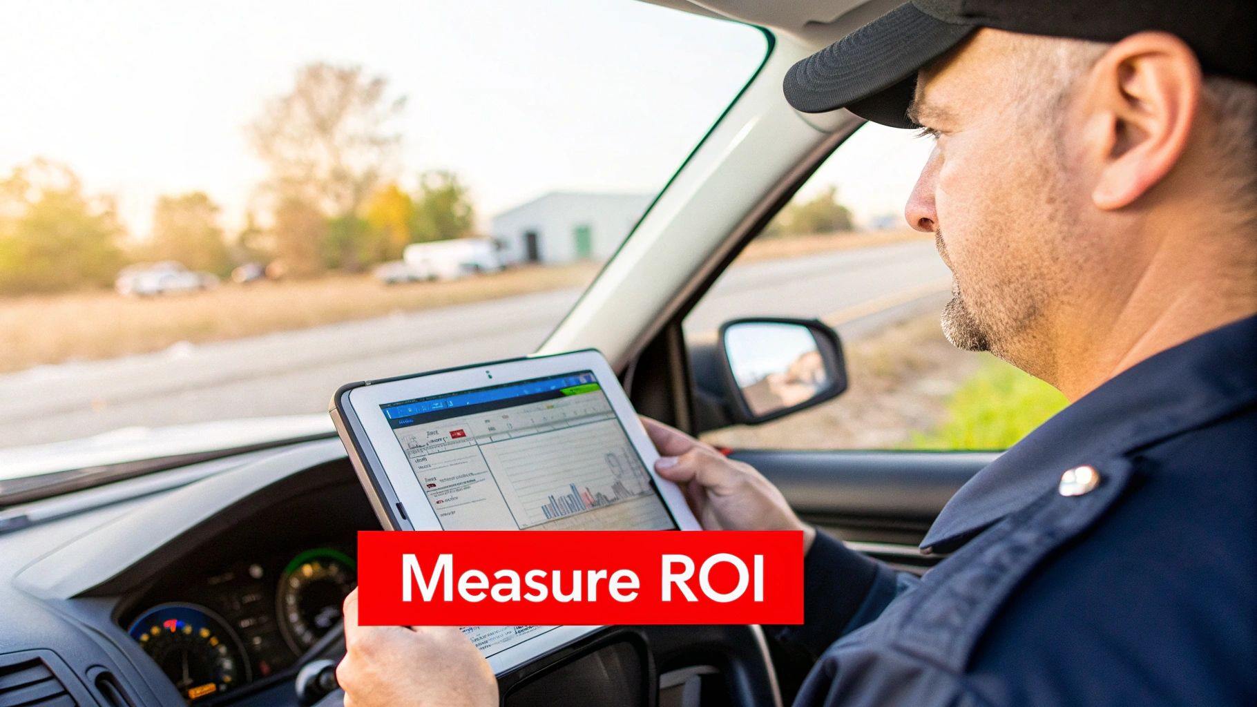 Man in a security uniform using a tablet with data and charts inside a patrol vehicle, measuring ROI.