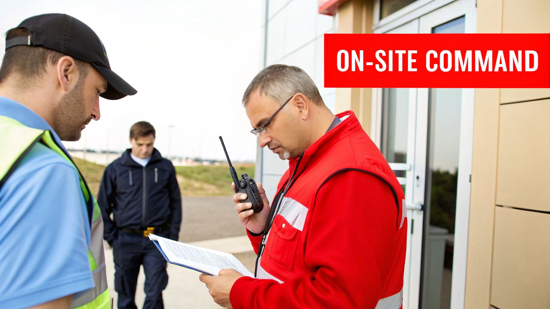 7 Devastating Mistakes to Avoid When You Hire Security for an Event 3 Three men, one in a red vest, use a radio and clipboard for on-site command operations.
