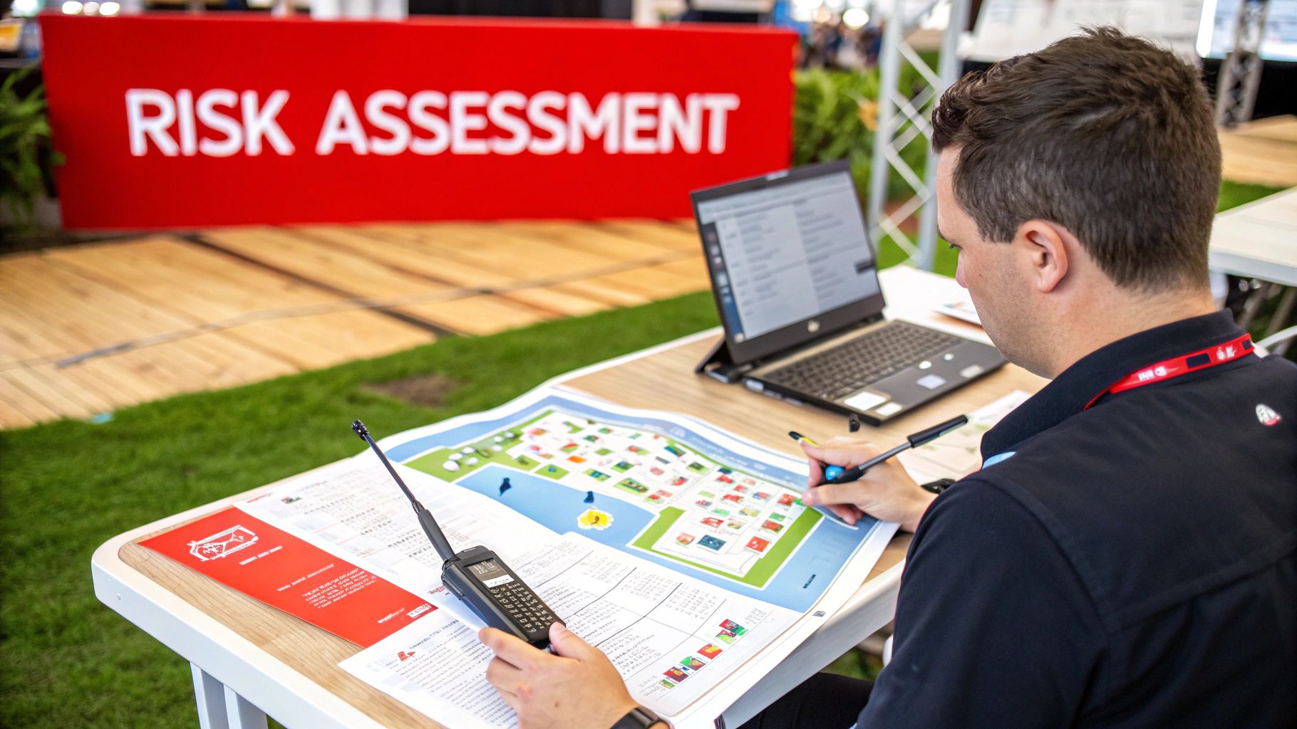 A man performs a risk assessment using a map, laptop, and two-way radio at an outdoor event.