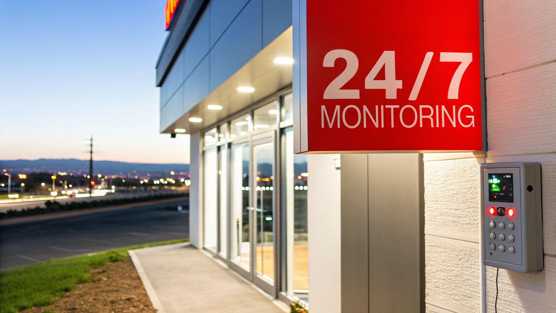 A modern building entrance with a '24/7 MONITORING' sign and a security keypad at dusk.