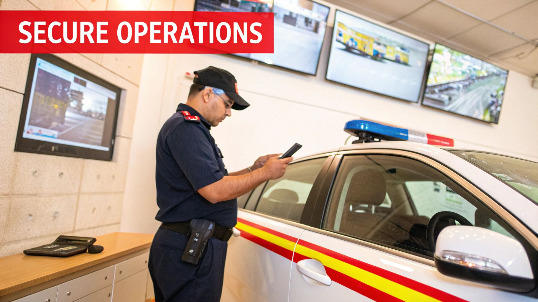 A security officer uses a smartphone next to a patrol car with surveillance monitors in the background, labeled "SECURE OPERATIONS".