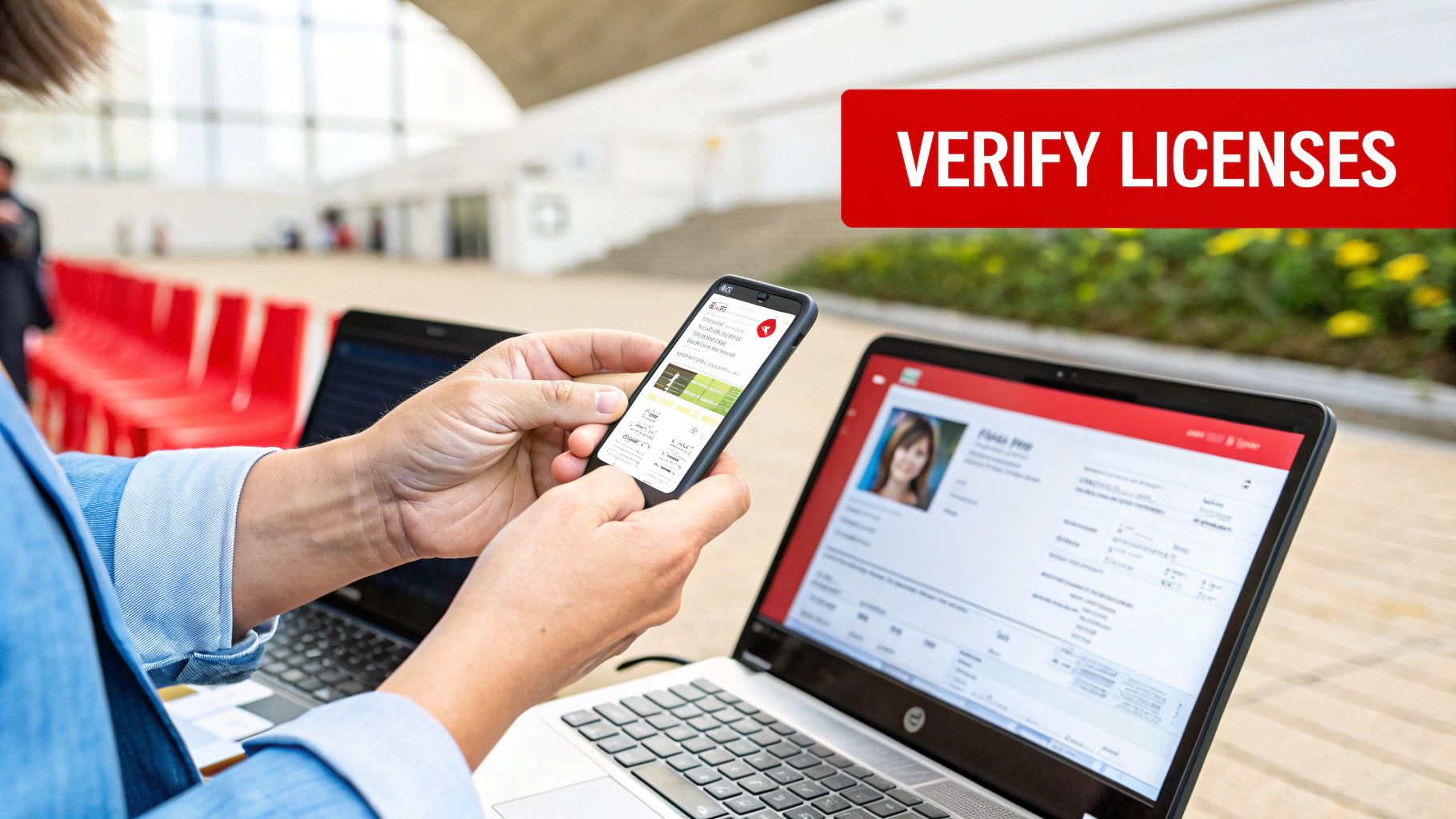 7 Shocking Mistakes to Avoid When Getting a Security Guard License in Australia 3 Hands using a smartphone and laptop to digitally verify licenses and personal information.