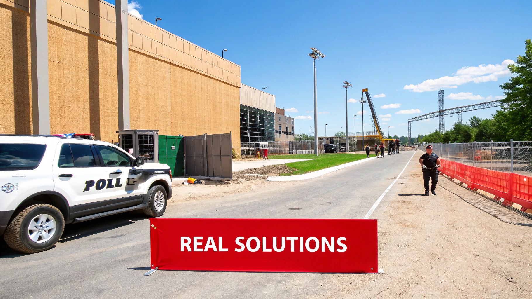 A police SUV and officer patrol a street near a construction site with a 'REAL SOLUTIONS' banner.