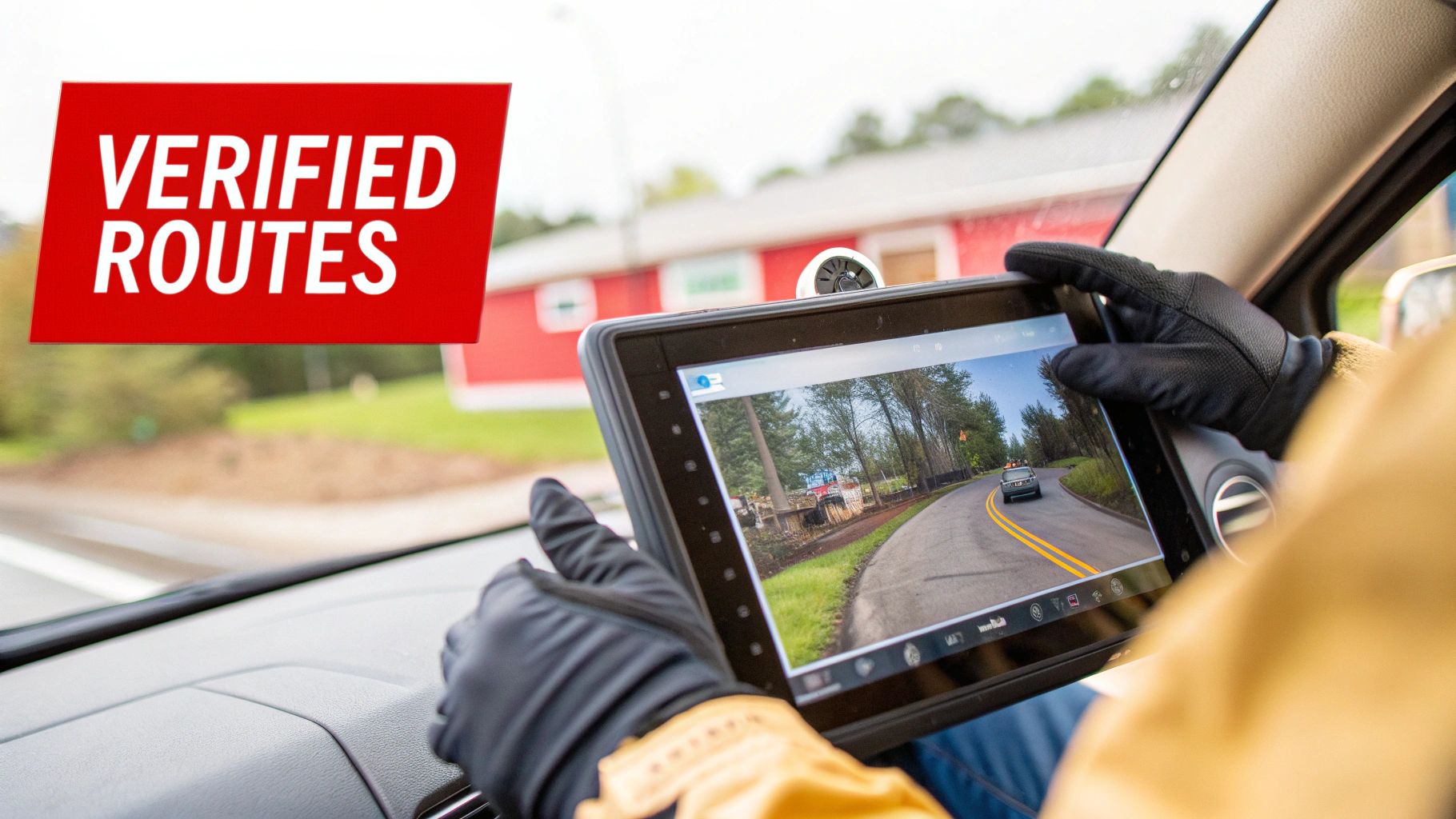 7 Incredible Benefits of Mobile Patrol Security for Your Business 3 A person in a car holds a tablet displaying a road view, with a 'VERIFIED ROUTES' sign visible.