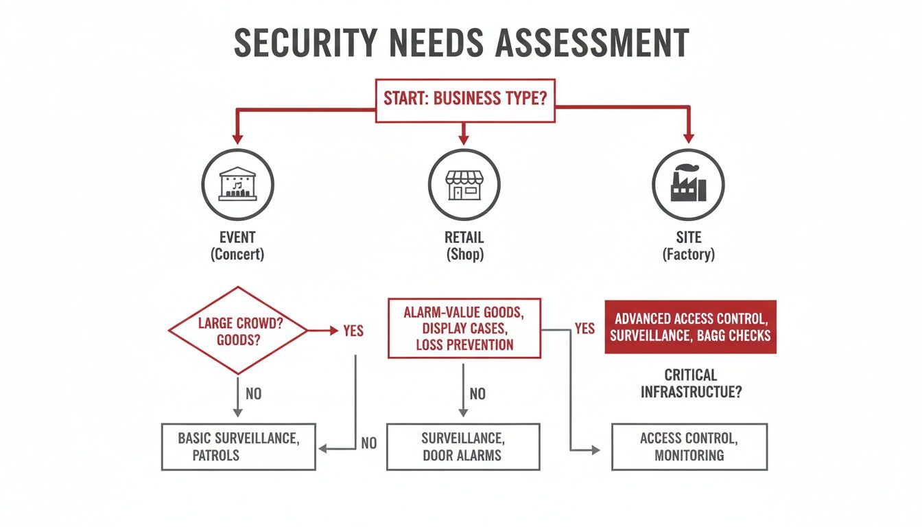 10 Devastating Mistakes to Avoid with Security Guard Services 2 A flowchart illustrating security needs assessment based on business type, crowd, goods, and infrastructure.