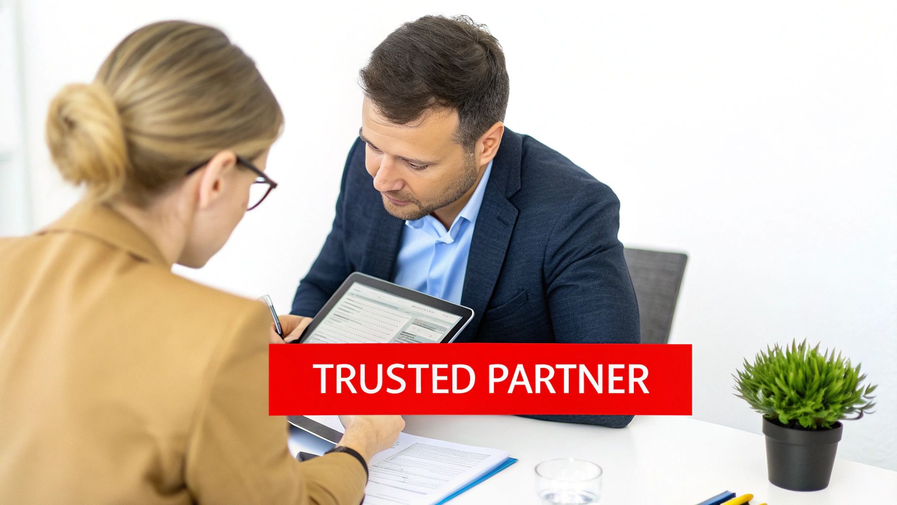 7 Shocking Reasons You Need Professional Alarm System Monitoring 4 Two business professionals, a man and a woman, discussing documents and a tablet, with a 'TRUSTED PARTNER' banner.