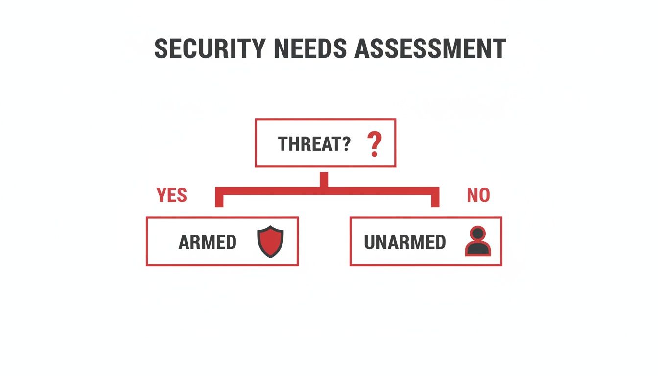 9 Critical Flaws to Avoid When Hiring Armed Security Personnel 1 Flowchart illustrating security needs assessment: armed personnel for threats, unarmed for no threats.