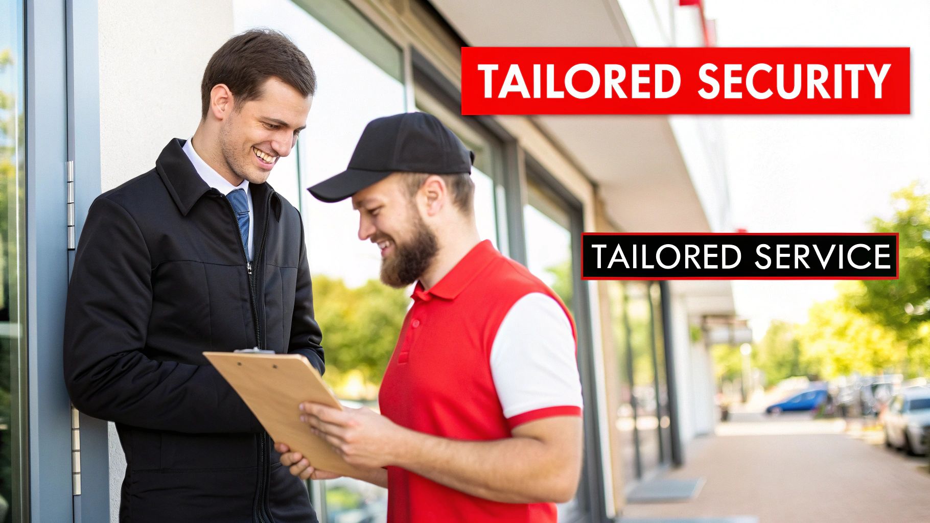 7 Incredible Benefits of Using Static Security Guards For Protection 3 Smiling security guard in uniform receives a package or document from a service worker.