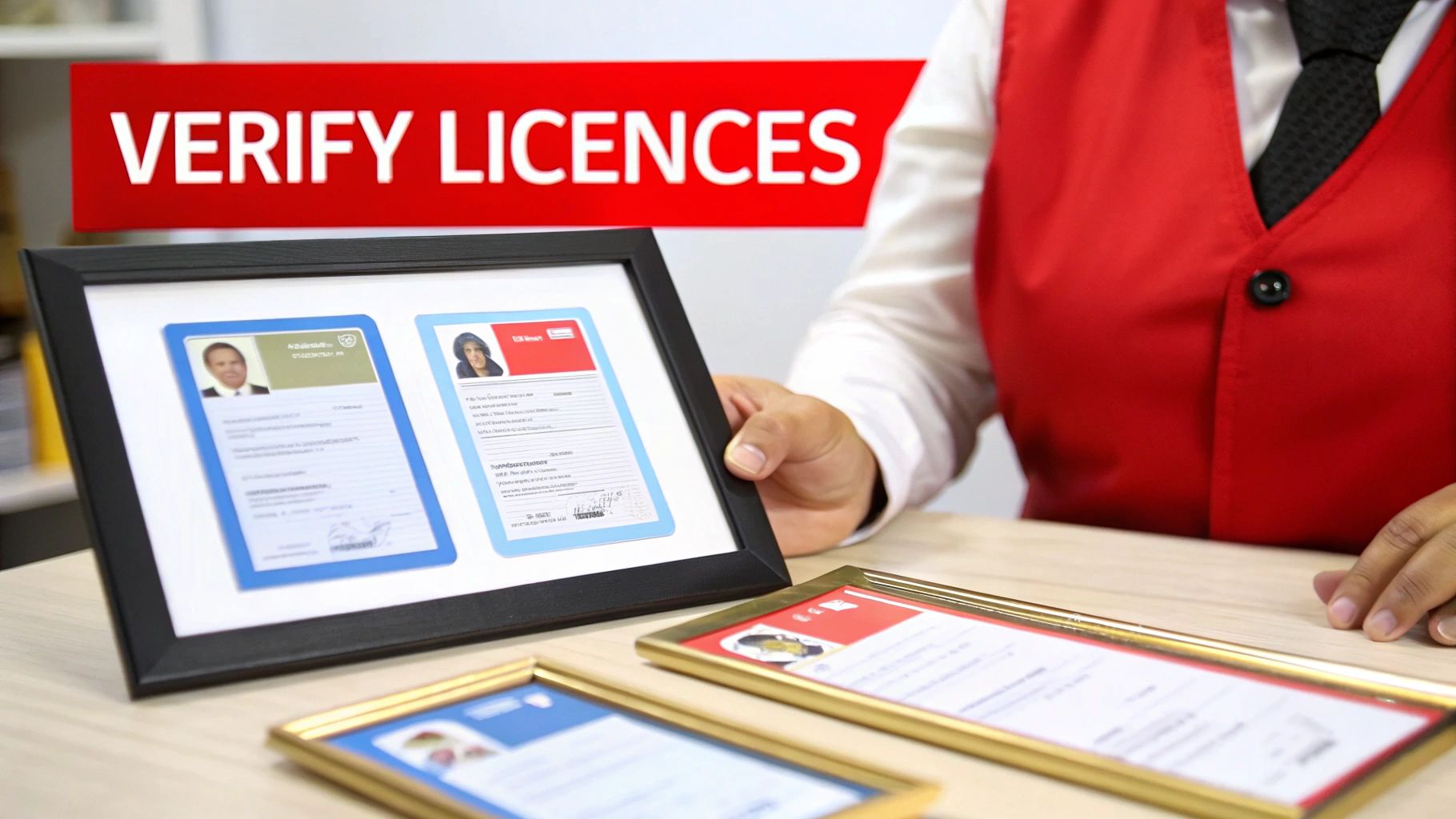 7 Essential Tips for Hiring an Amazing Personal Security Bodyguard 2 A person holds framed licenses for verification, with a 'VERIFY LICENCES' banner in the background.