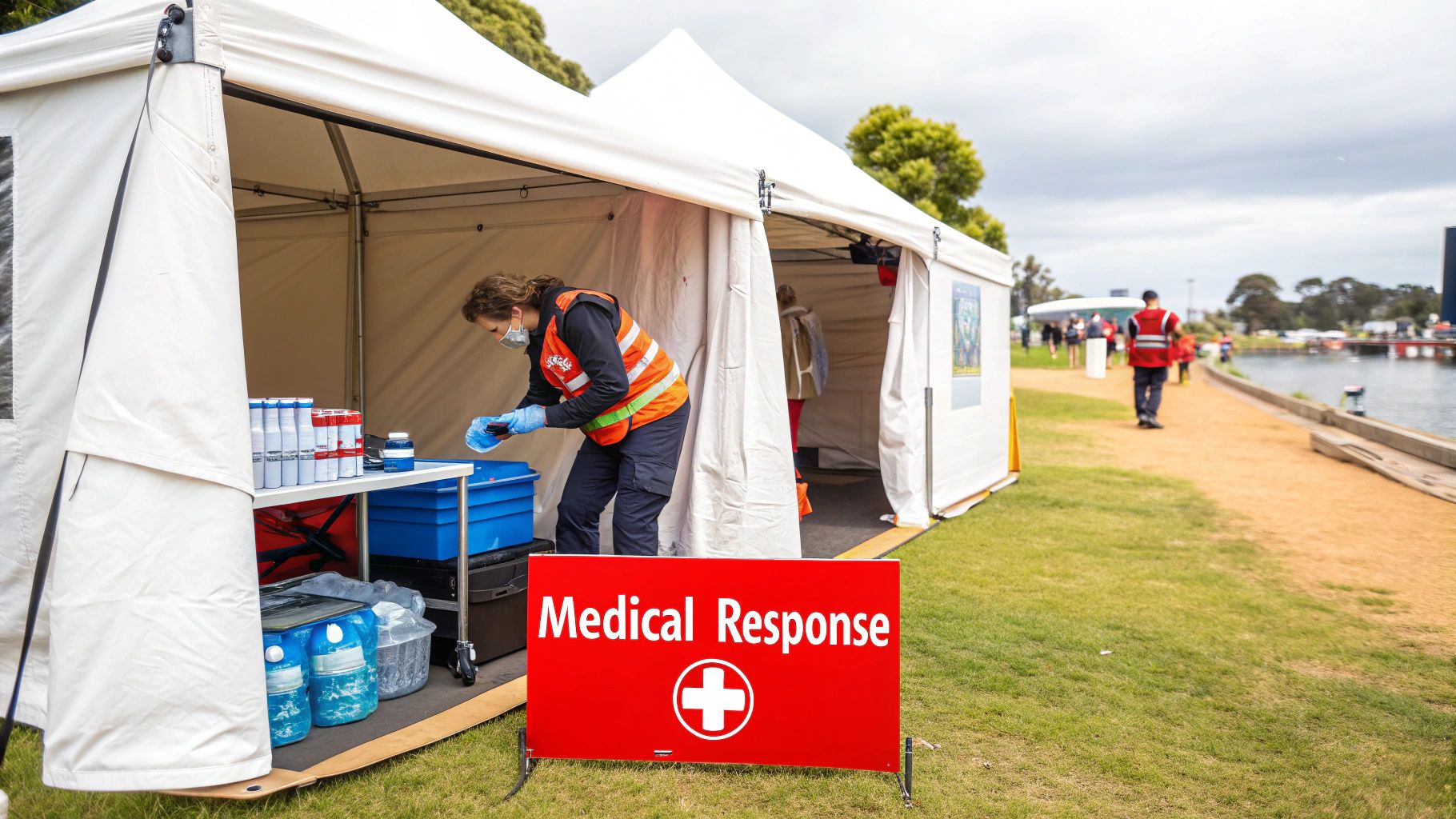 A medical response tent with a staff member preparing supplies at an outdoor event.