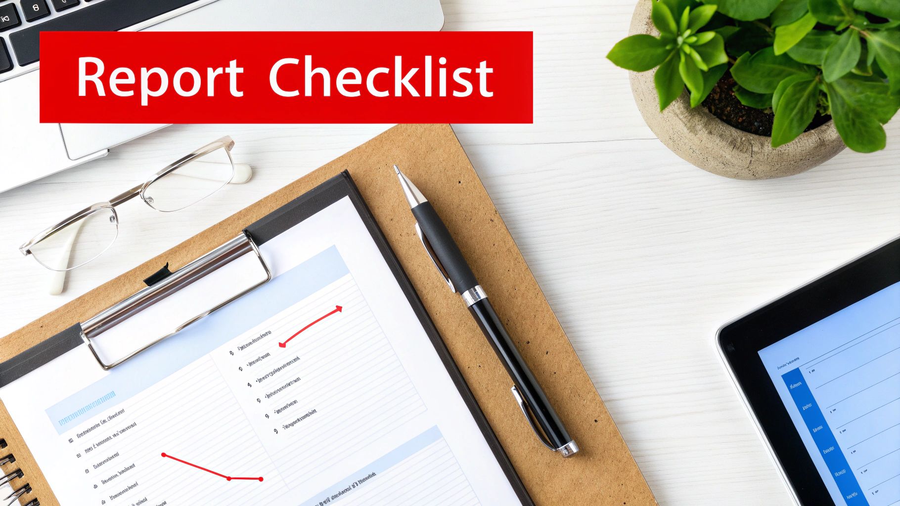 7 Essential Tips: How to Flawlessly Write an Incident Report 2 A top-down view of a desk with a red 'Report Checklist' banner, clipboard, pen, glasses, laptop, and tablet.