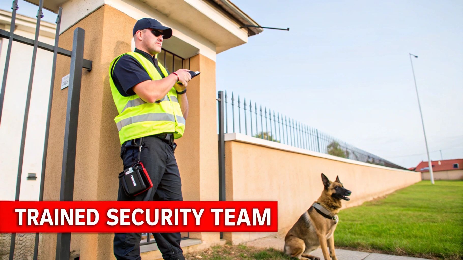 A security guard in a high-visibility vest, cap, and sunglasses stands with a trained K9 dog.