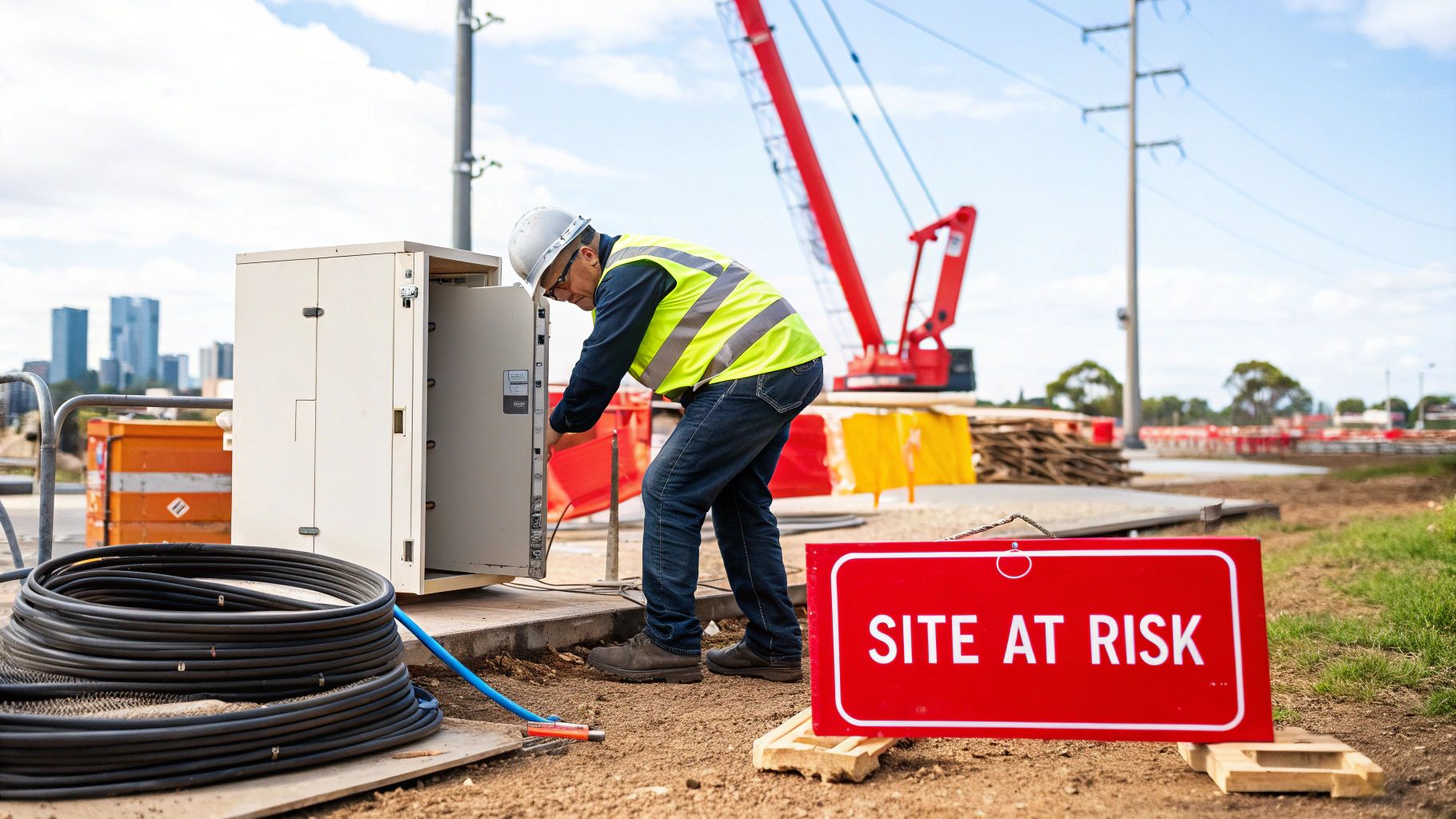 A construction worker in a hard hat and safety vest maintains an electrical cabinet at a site with a 'SITE AT RISK' sign.