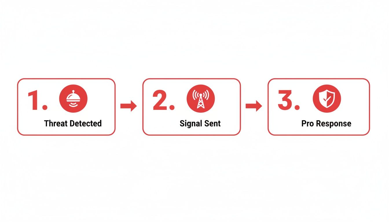 7 Shocking Security Alarm Monitoring Facts to Protect Your Business 1 A three-step diagram illustrating security alarm monitoring: threat detected, signal sent, and professional response.