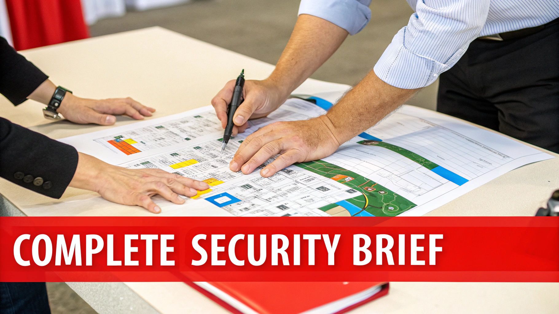 7 Essential Tips for Hiring an Amazing Personal Security Bodyguard 3 Two individuals analyzing a large document, possibly a security brief or plan, on a table, with one person pointing with a pen.