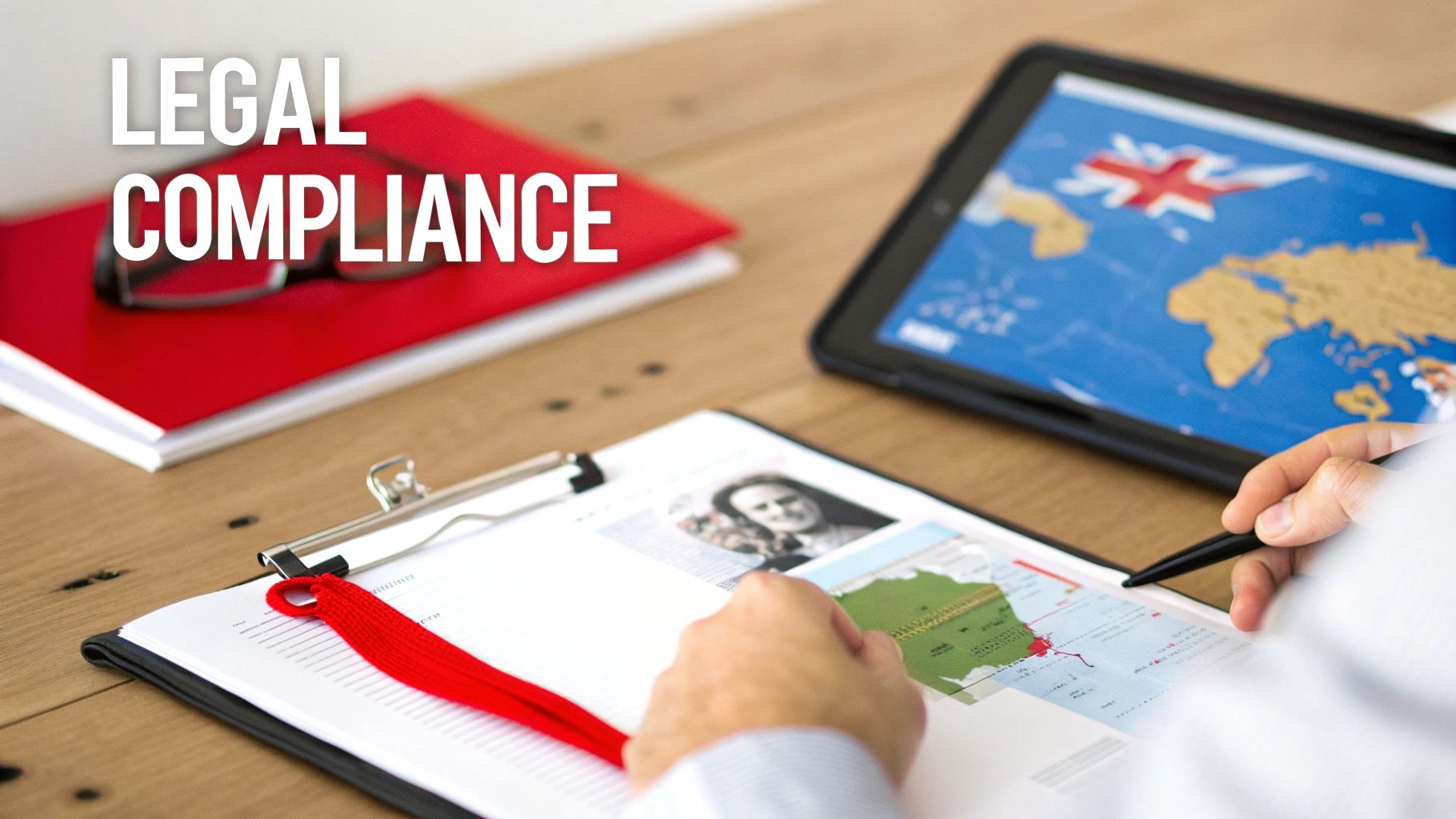 9 Critical Flaws to Avoid When Hiring Armed Security Personnel 2 A desk setup with documents, a red notebook, glasses, and a tablet showing a world map with the UK flag, emphasizing legal compliance.