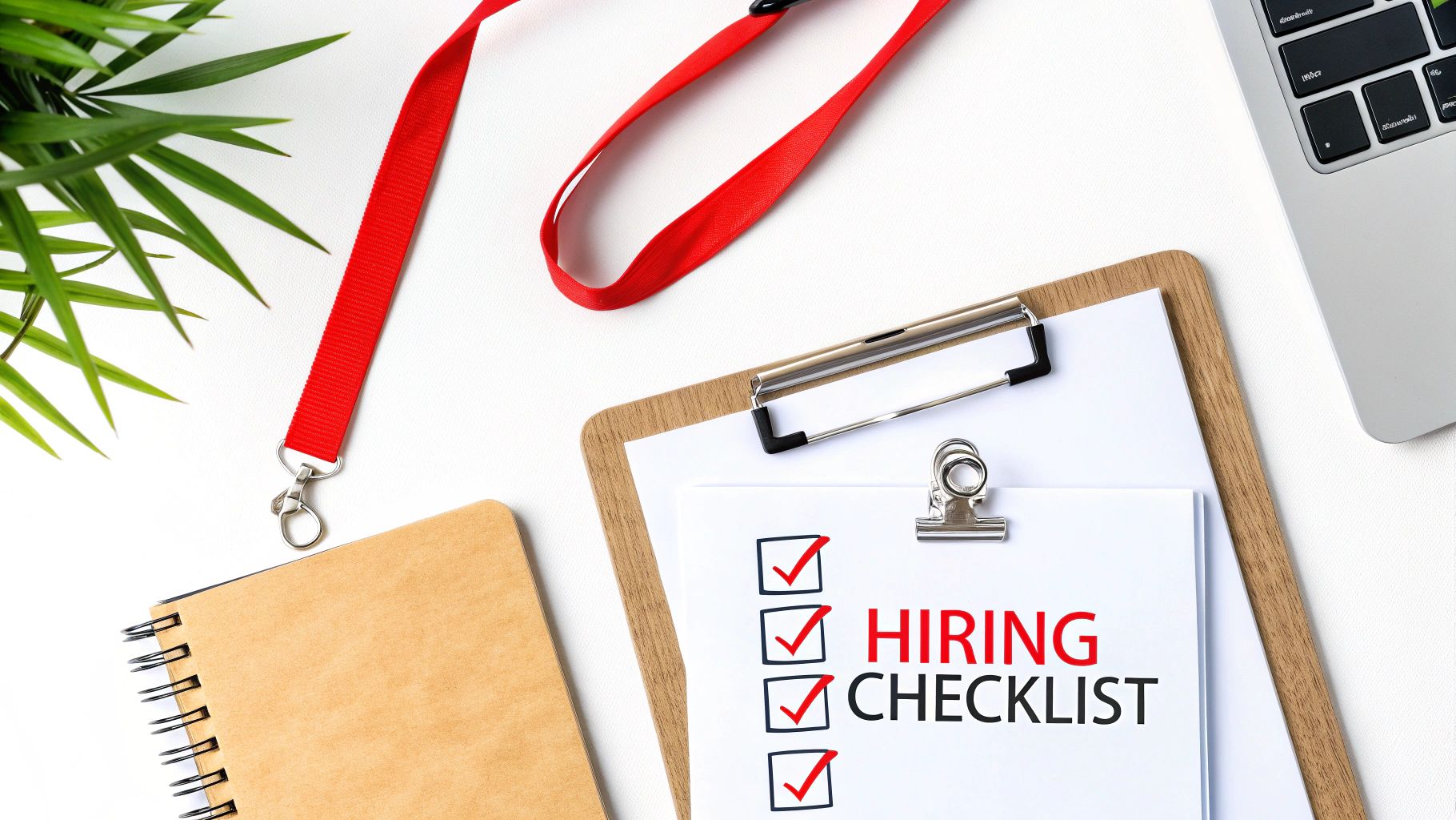 7 Huge Facts About Static Security Officers You Can't Ignore 2 A clipboard with a 'Hiring Checklist', a red lanyard, a notebook, a plant, and a laptop on a white desk.