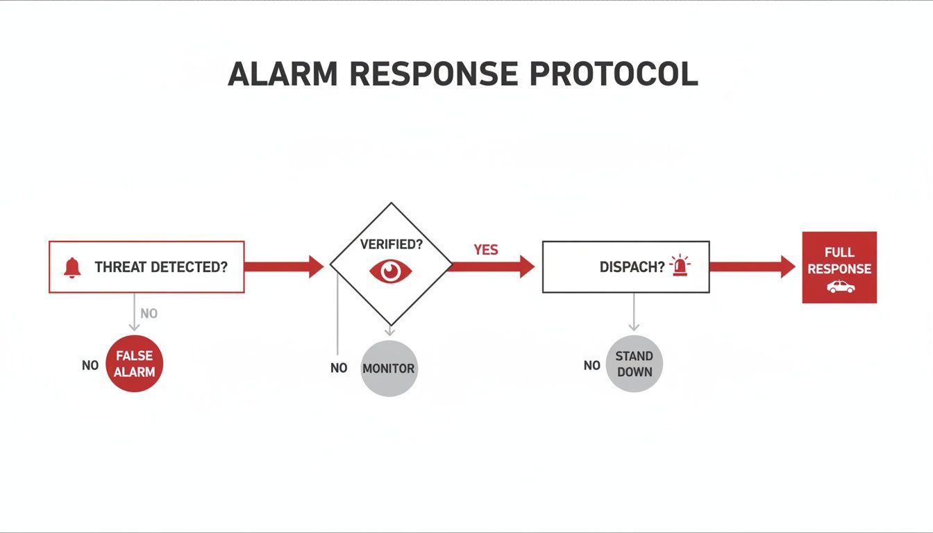 7 Incredible Benefits of an Alarm Monitoring System for Your Business 2 A flowchart detailing an alarm response protocol, from threat detection and verification to dispatch and full response.