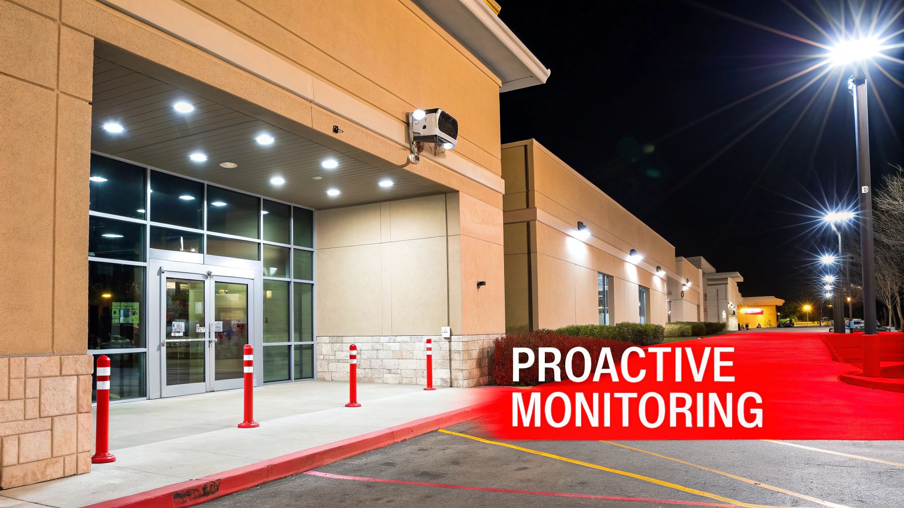 7 Shocking Mistakes to Avoid with CCTV Monitoring Security 1 A brightly lit commercial building at night with a visible security camera, promoting proactive monitoring.