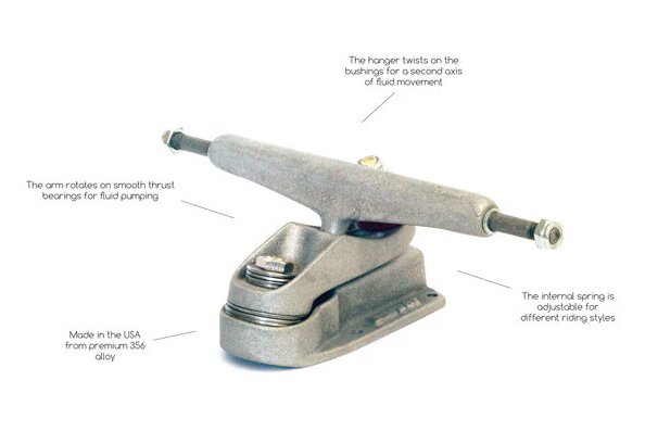 A detailed view of a grey surfskate truck, highlighting its unique design features and materials.