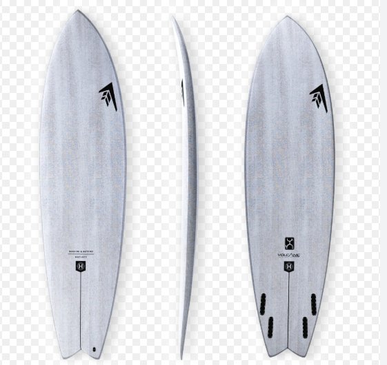 Three detailed views of a light grey surfboard with black logos, showing the top, side, and fin setups.
