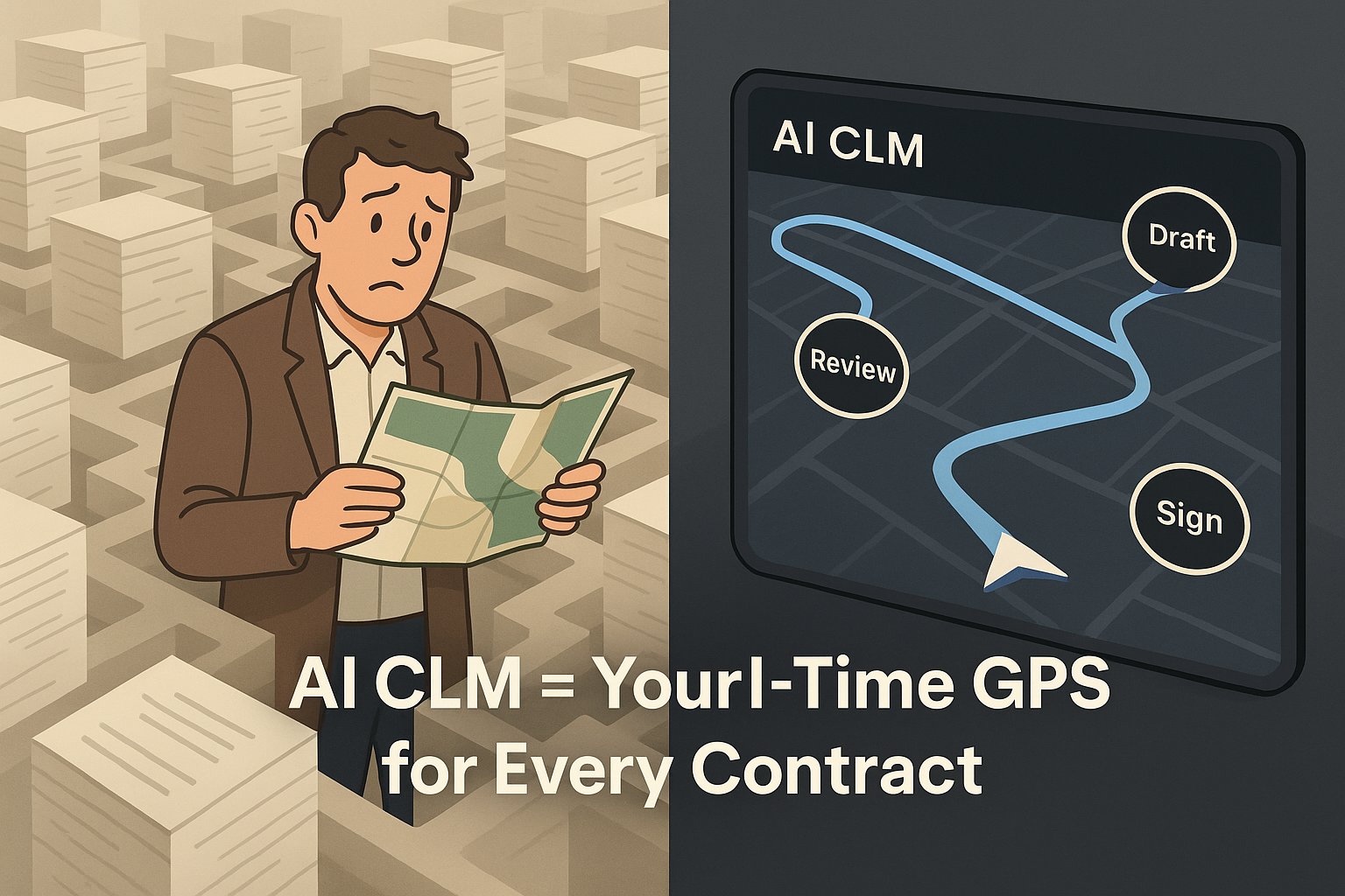 Comparison showing manual contract management as a paper map vs AI CLM as a real-time GPS for contracts.