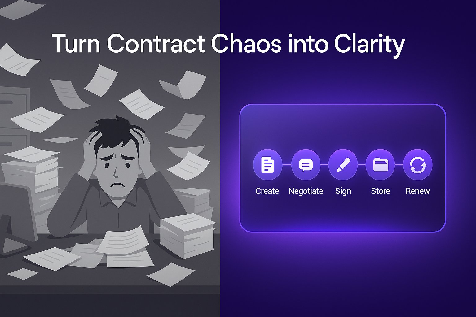 Split-screen showing chaos of manual contracts versus clarity of organized contract management software workflow.