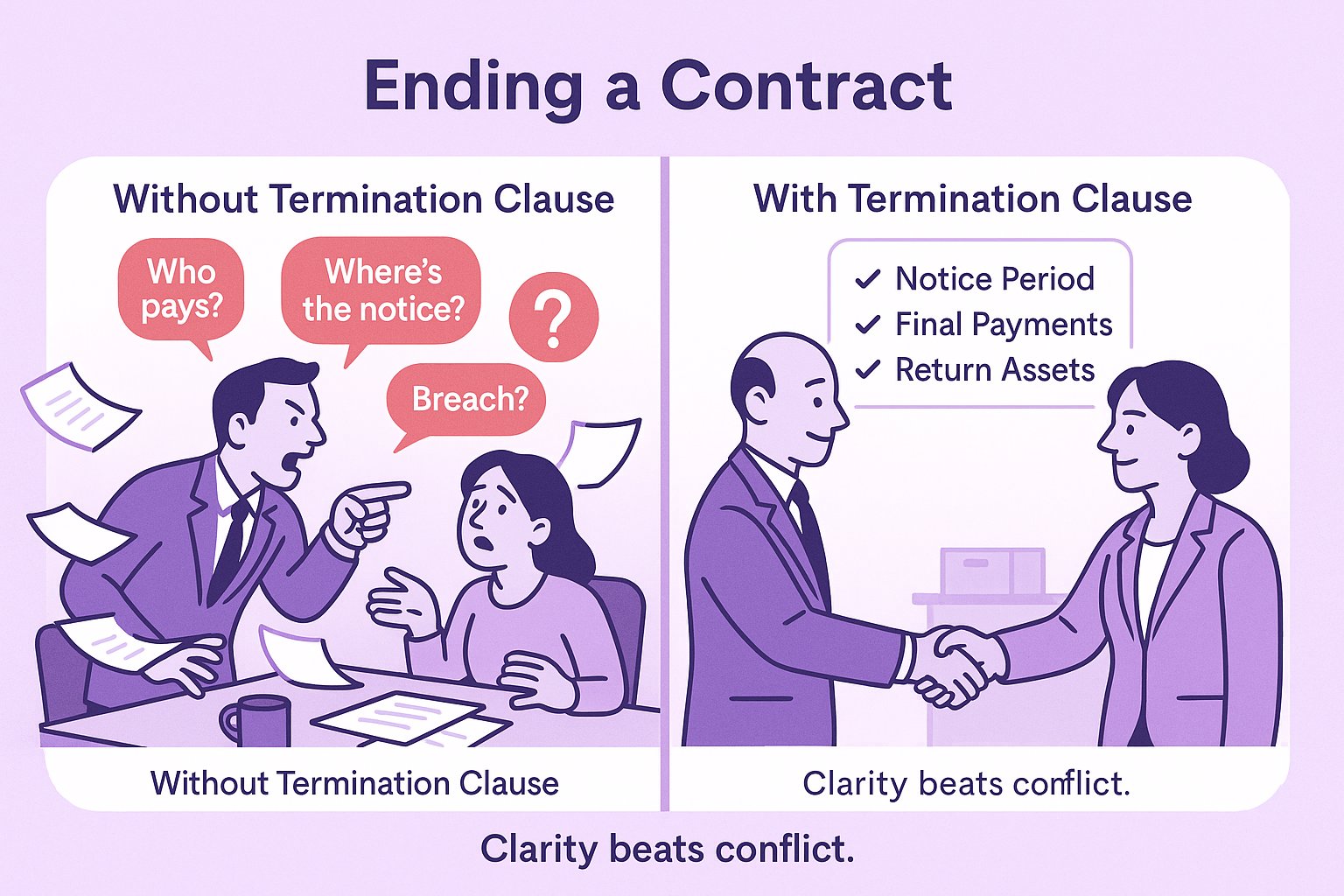 A split illustration comparing chaotic and calm contract endings. Left shows stressed partners arguing with papers flying. Right shows two partners shaking hands with a clear checklist of next steps.