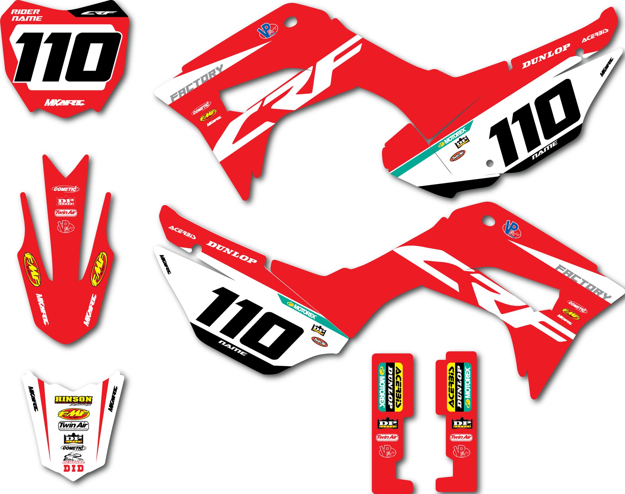 Red and white custom graphics decal kit for Honda CRF 110 dirt bike