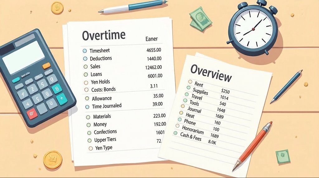 残業代と経費の計算書類、電卓、時計が並ぶデスク上の財務管理イメージ
