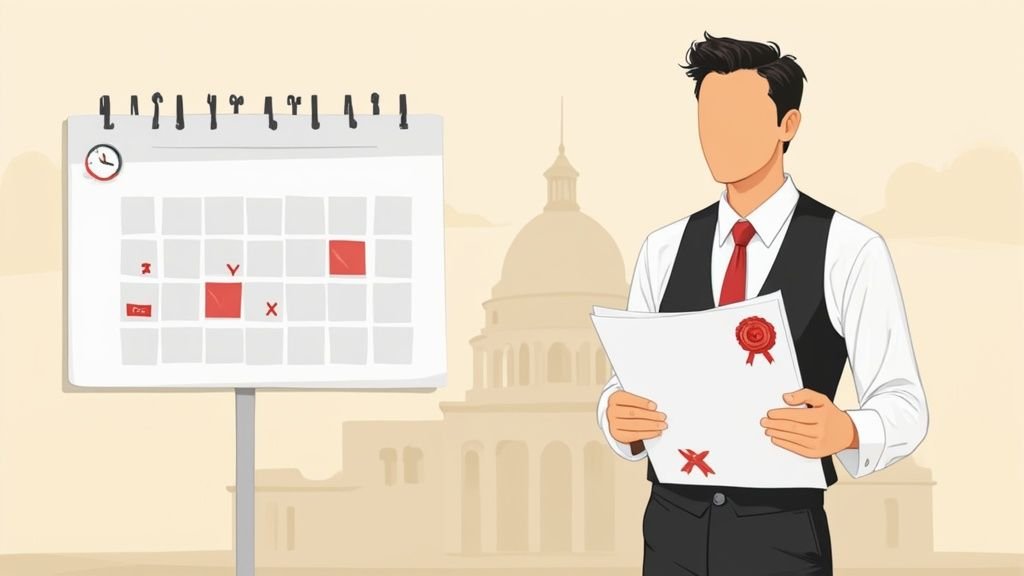 カレンダーと公式文書を持つビジネスマンが役員変更登記の期限を示している図