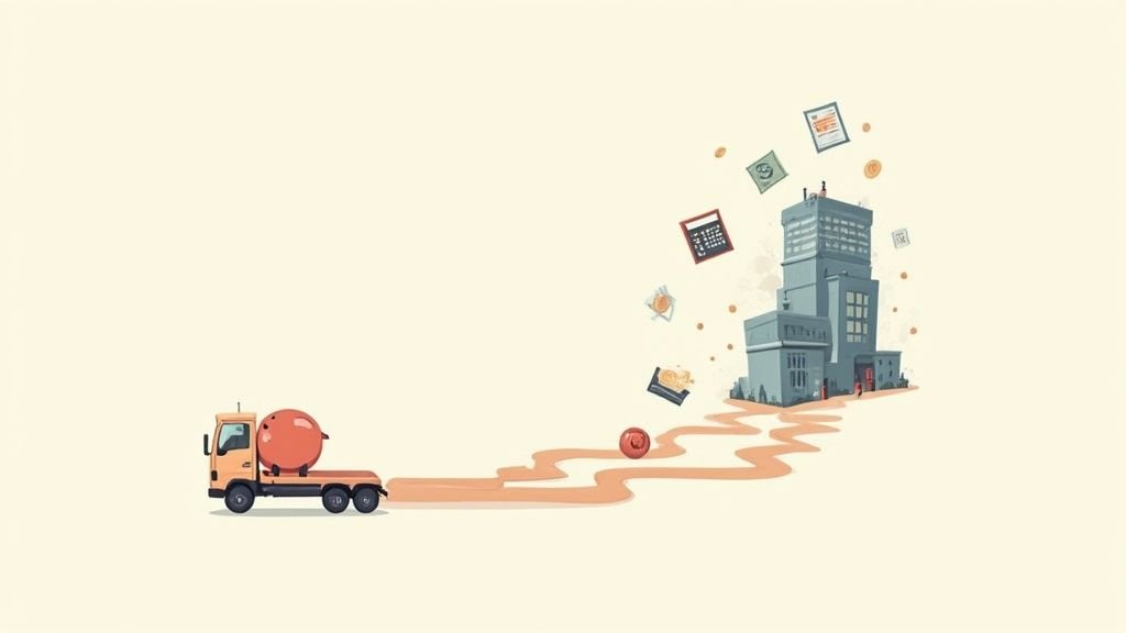 大きな球体を運ぶトラックがオフィスビルへ向かう。書類や硬貨が舞う様子が描かれている。