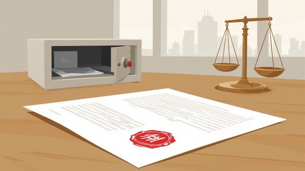 机の上に開いた金庫、赤い印鑑が押された契約書、天秤があり、背景には街並みが見えるイラスト。