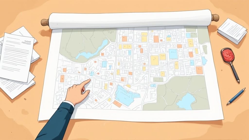 机の上に広げられた都市開発の地図を指差す人物の手。書類や虫眼鏡も見える。