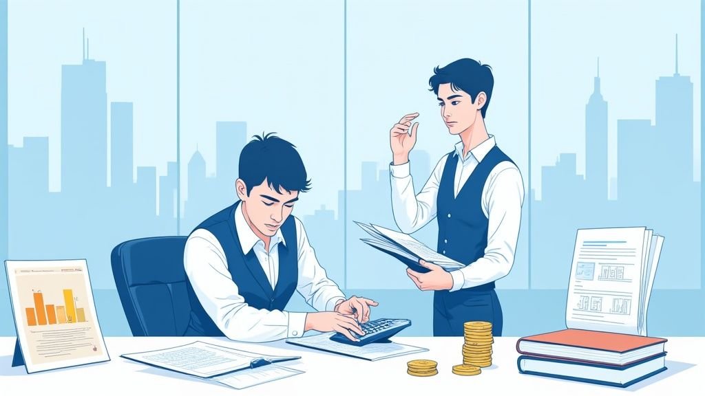 オフィスで電卓と書類を使って作業する二人のビジネスマンのイラスト