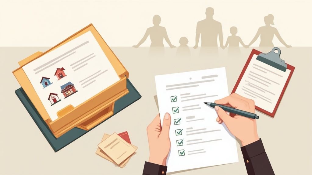 家族のシルエットが見守る中、住宅選びや手続きのチェックリストを記入する様子。