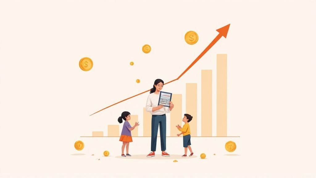 女性が子供たちにタブレットで経済的な成長を説明し、背景には上昇グラフと金貨が描かれています。