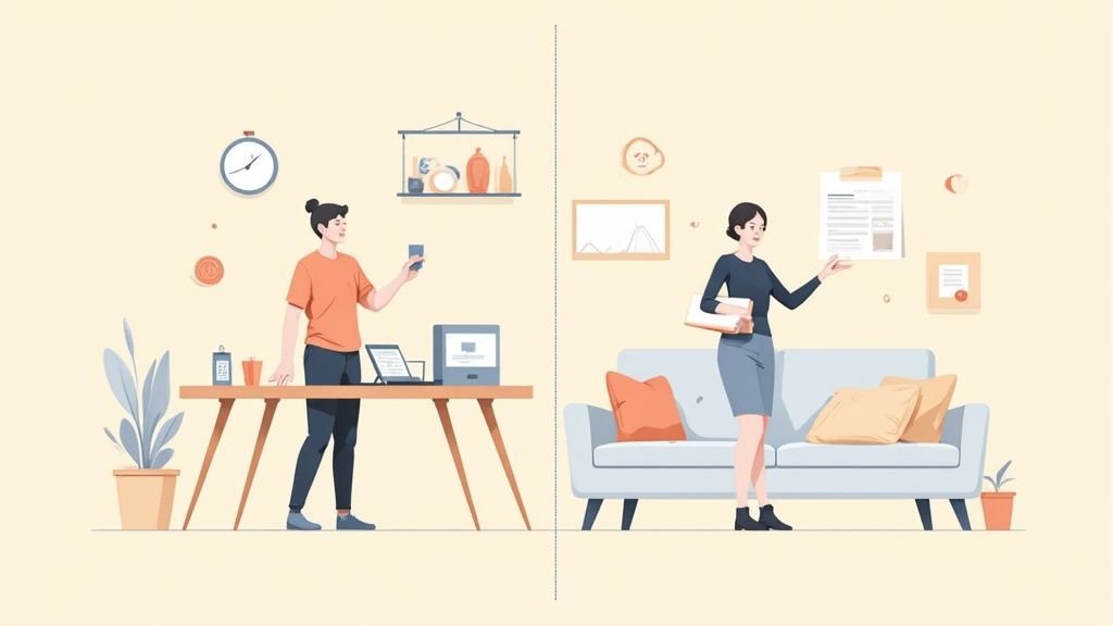 一人の女性がデスクで作業し、もう一人の女性がソファの横に立っているイラスト。