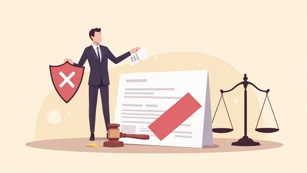 弁護士が盾を持ち、拒否された契約書、法廷の槌、天秤が描かれたイラスト。