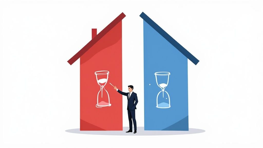 スーツの男性が赤い家と青い家の間に立ち、赤い家の中の砂時計を指差しています。