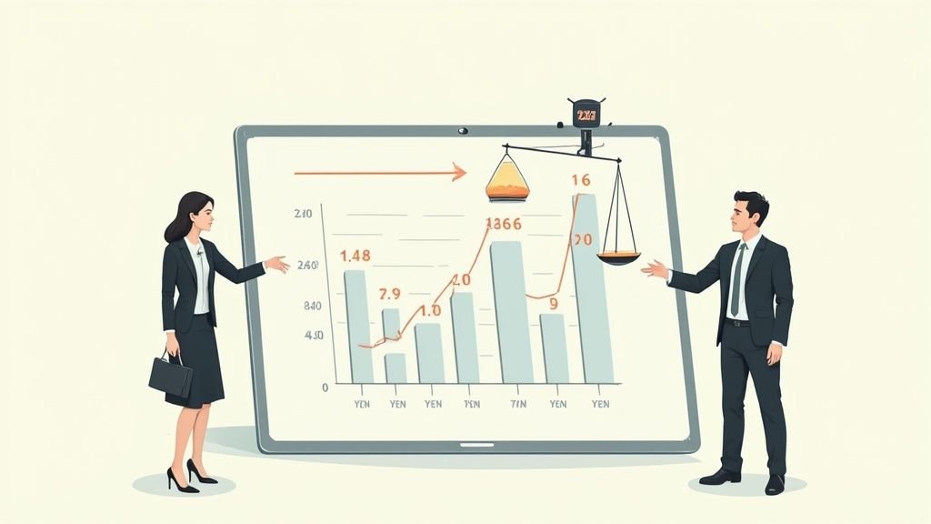 ビジネスパーソンがデータグラフと天秤が表示された大画面を指し示し、分析する様子