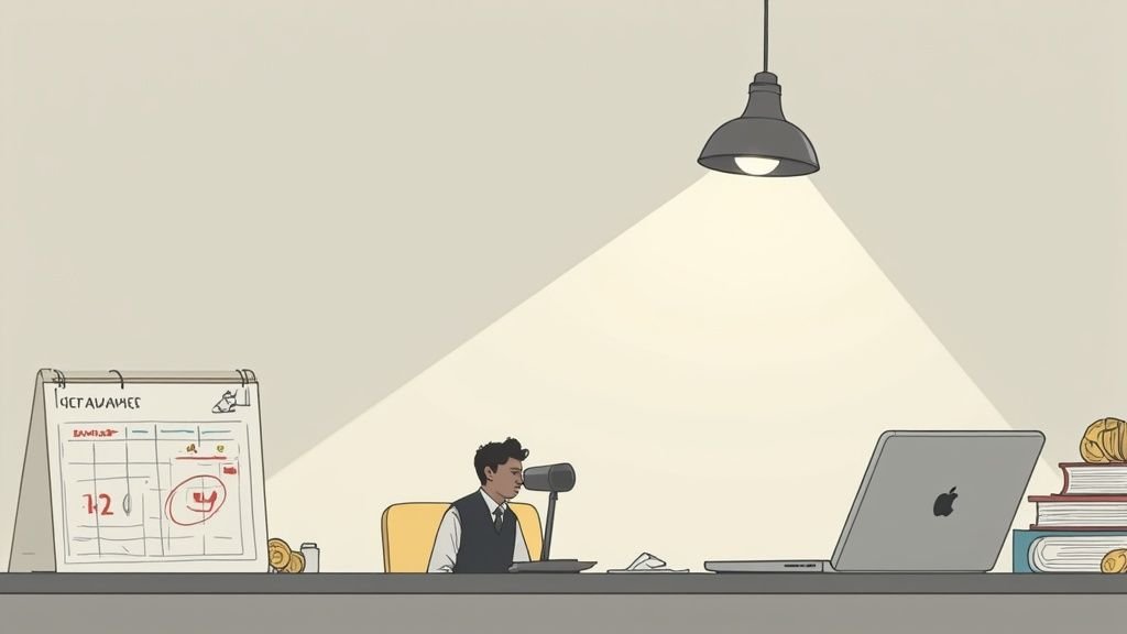 スポットライトの下、机で熱心に作業する男性のイラスト。カレンダーやノートパソコンが見える。